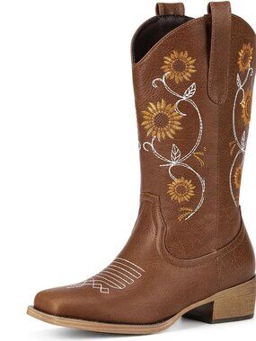 Cowboy Boots for Women - Mid Calf Western Sunflower Cowgirl Boots with Floral Em